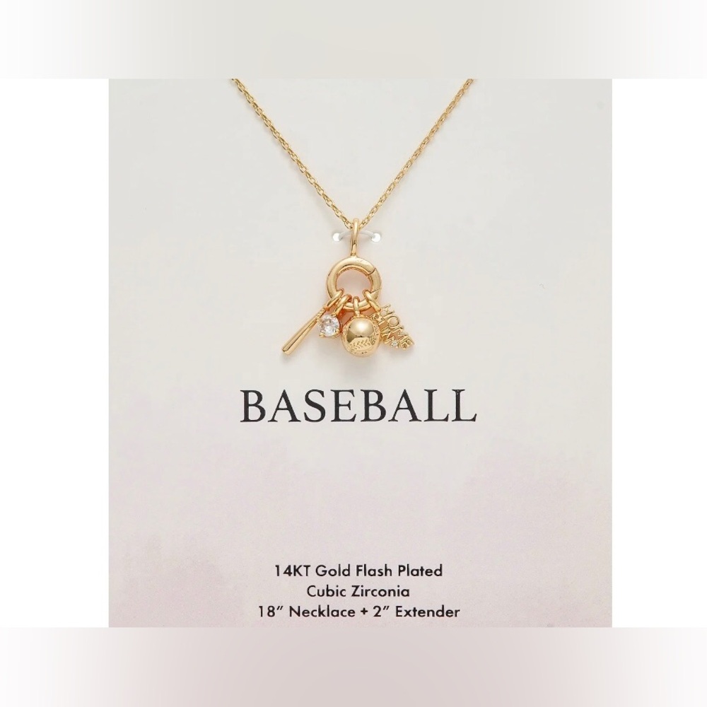 14KT gold plated cz solitaire 18” baseball Home Run monogram necklace brand new